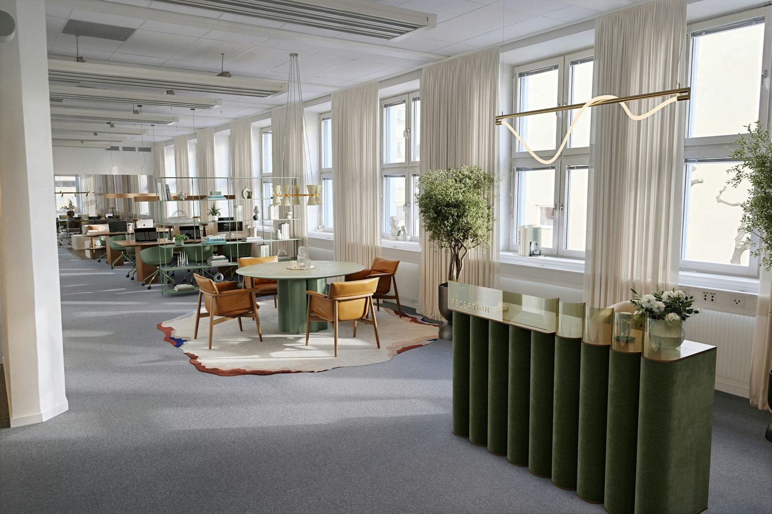 A modern office reception with a green desk
